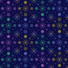 Snowflakes of different colors on a blue background - seamless pattern