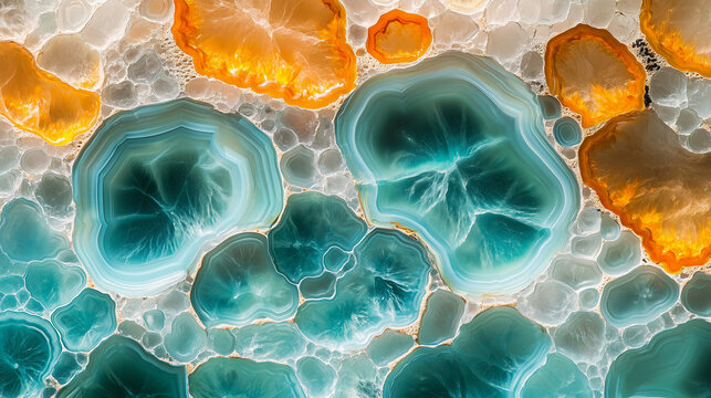 Sous le microscope, l'eau révèle une texture fractale bleue, illustrant des cellules énergétiques et des virus, un modèle scientifique lumineux.