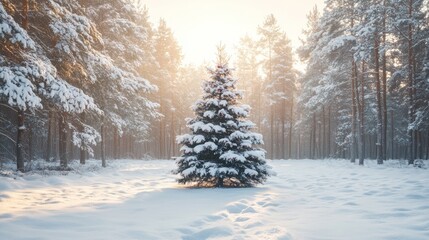 Fototapeta premium Snow-covered Christmas tree standing alone in a dense pine forest during sunrise.