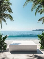 Fototapeta premium A minimalist white table sits on the sandy beach, framed by palm trees with clear blue waters and a bright sky in the background