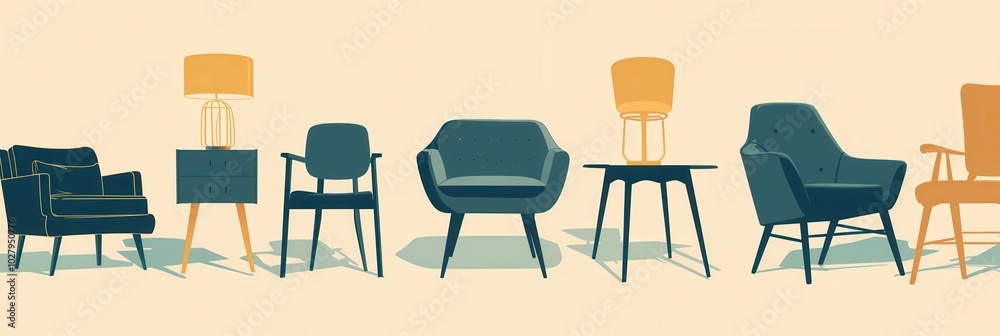 Poster various silhouettes of furniture pieces are arranged on a light gradient backdrop, illustrating mode