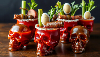 Fototapeta premium Eerie Halloween cocktails served in skull-shaped glasses with decorative garnishes, perfect for spooky themes and festive celebrations.