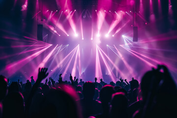 Large crowd of people are gathered in a concert hall, with the stage lit up by bright lights. The atmosphere is energetic and lively, with everyone enjoying the music and the performance