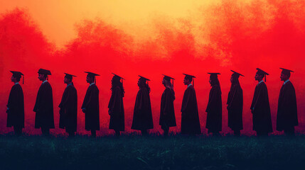 A student in a blue graduation gown and cap, standing among fellow graduates in a formal commencement ceremony setting