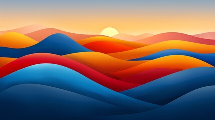 Colorful wavy landscape is depicting rolling hills at sunset