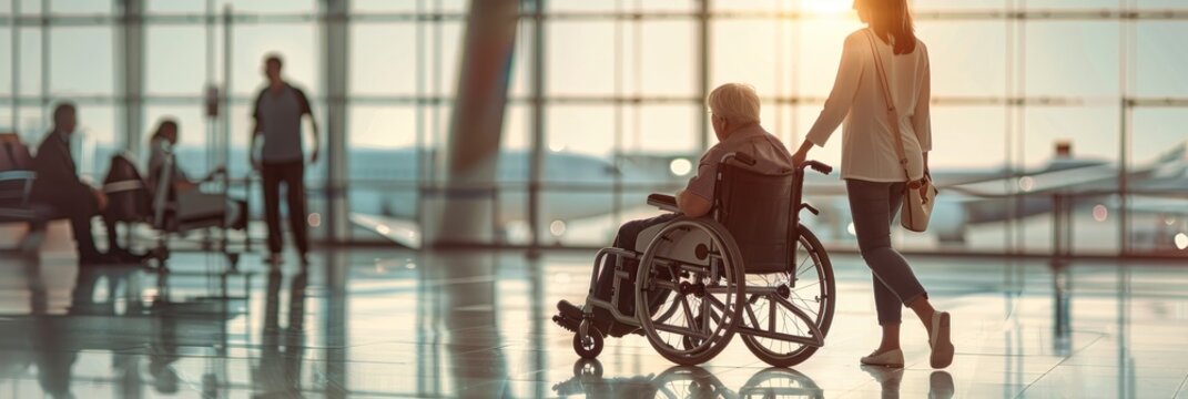 A woman in a wheelchair is being helped by a woman in a white shirt