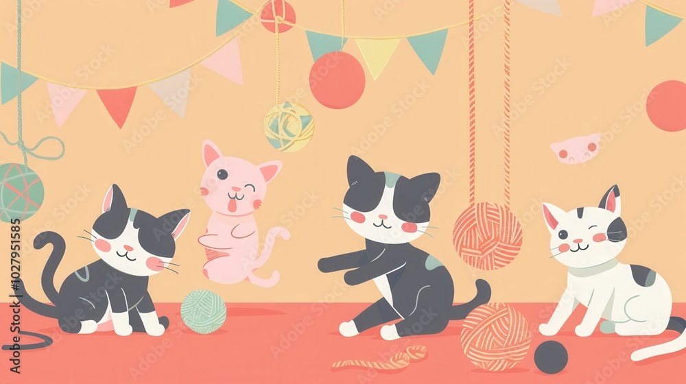 Poster four adorable cats eagerly chase and play with bright yarn and toys, creating a lively atmosphere fu