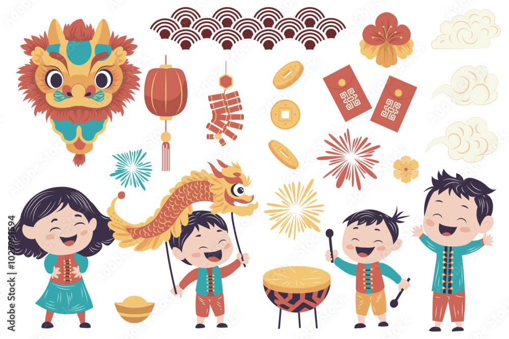 Poster chinese new year mega set elements in flat graphic design. collection objects of asian symbols, drag