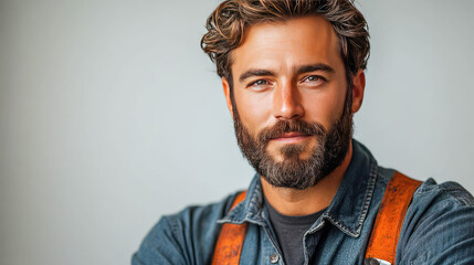 Portrait of a rugged man with a beard, wearing a denim jacket and leather suspenders, looking confidently at the camera, capturing a casual and authentic style