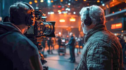 Obraz premium A film director and cameraman with headphones filming in a studio setting. Warm lighting adds depth, highlighting the professional and creative environment