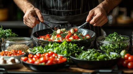 A chef prepares a fresh salad with tomatoes and greens in a cozy kitchen setting during afternoon light