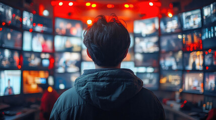 Fototapeta premium Back view of a man observing multiple screens in a dark room, surrounded by various monitors displaying different footage, depicting surveillance or media monitoring