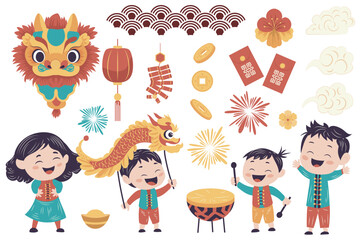 Chinese New Year mega set elements in flat graphic design. Collection objects of asian symbols, dragon head, lanterns, coins, clouds, ornament patterns, boys and girl celebrate. Vector illustration.