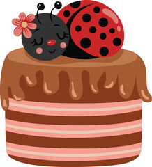 Cute ladybug sleeping on a tasty strawberry cake