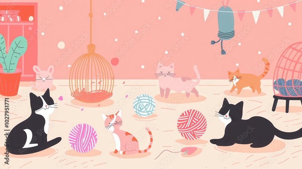 Poster A group of cats joyfully interacts with various toys and colorful yarns in a warm and inviting indoor setting. Generative AI