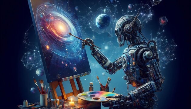 Robot Artist Painting a Cosmic Universe on Canvas