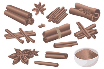 Cinnamon cooking spice mega set elements in flat graphic design. Collection objects of dry aromatic rolled sticks, powders in bowl, star anise and seeds, sweet bakery ingredients. Vector illustration.