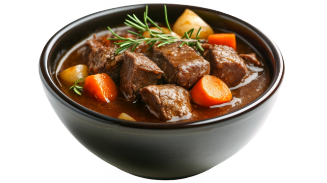 A bowl of beef stew with chunks of meat and vegetables isolated on a transparent background, PNG 
