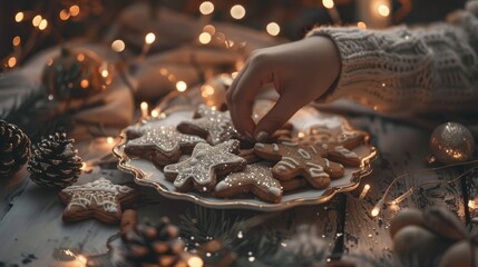 A person is reaching for gingerbread cookies on an elegant plate