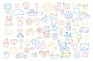 Cute hand drawn doodles mega set elements in flat graphic design. Collection objects of flowers, hearts, clouds, lion, ship, sun, snail, stars, palm, rainbow, cat, dog and other. Vector illustration.