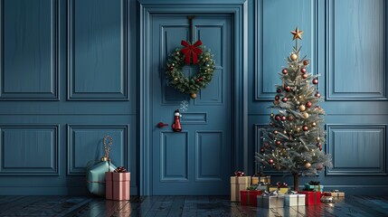 Stylish Christmas-themed backdrop with a door