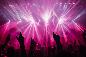 Large crowd of people are gathered in a concert hall, with the stage lit up by bright lights. The atmosphere is energetic and lively, with everyone enjoying the music and the performance