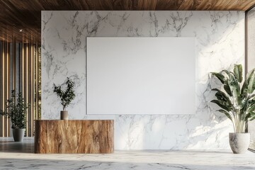 Detailed interior shot of a reception area with a white blank wall, marble and wood features, in a  aspect for architectural portfolios