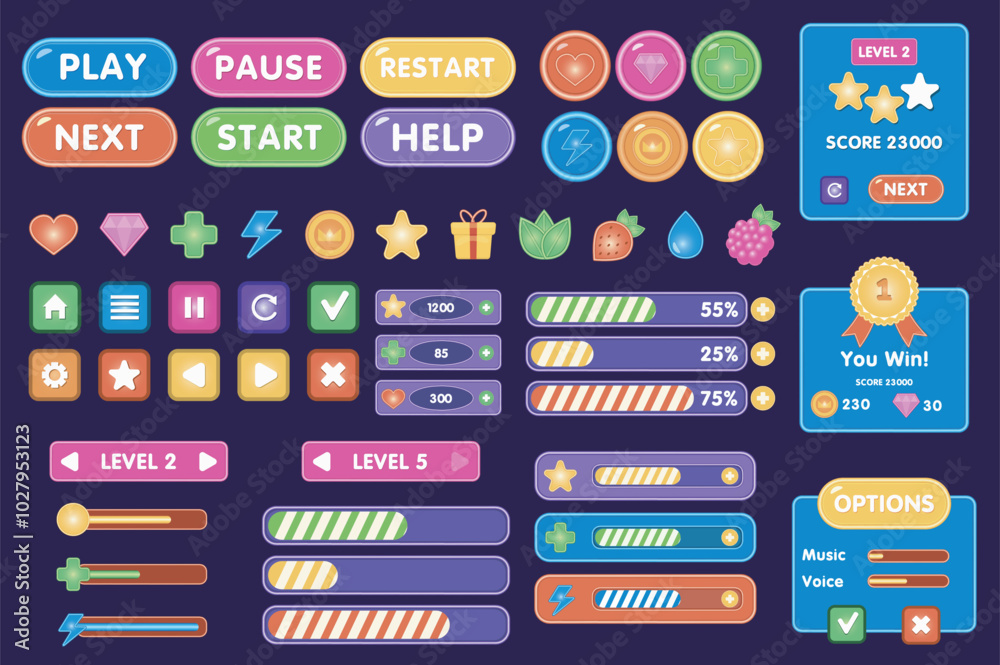 Leinwandbilder Game Ui interface mega set elements in flat graphic design. Collection objects of button and panel assets for menu, play, start, pause, restart, settings, level, option, other. Vector illustration.