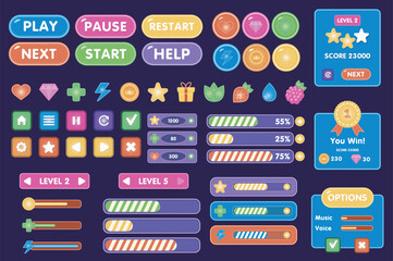 Game Ui interface mega set elements in flat graphic design. Collection objects of button and panel assets for menu, play, start, pause, restart, settings, level, option, other. Vector illustration. © alexdndz