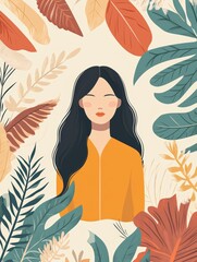 A young woman with long black hair stands among colorful tropical leaves, showcasing a creative and serene atmosphere