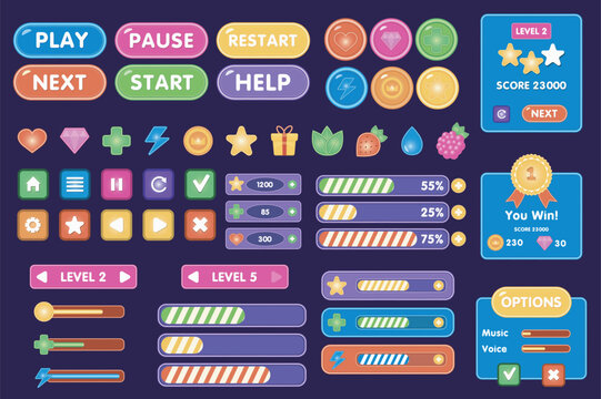 Game Ui interface mega set elements in flat graphic design. Collection objects of button and panel assets for menu, play, start, pause, restart, settings, level, option, other. Vector illustration.