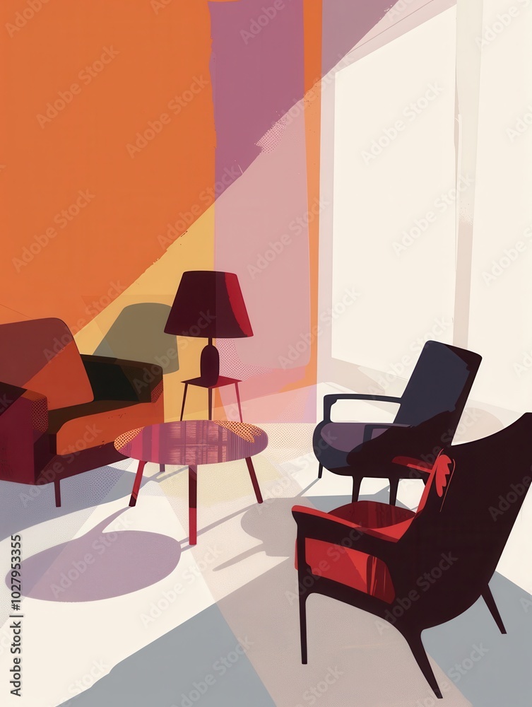 Poster Silhouettes of various furniture pieces like armchairs, a table, and a lamp are arranged on a soft gradient backdrop. Generative AI