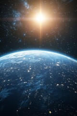 Obraz premium Stunning glowing blue planet illuminated in space, set against a brilliant cosmic background.