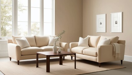 Stylish modern living room interiors with neutral tones, cozy furniture, green plants, and minimal decor—ideal for home decor inspiration, real estate, and interior design projects."