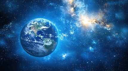 Obraz premium A photo of Earth from space, with the sun in the foreground and stars in the background