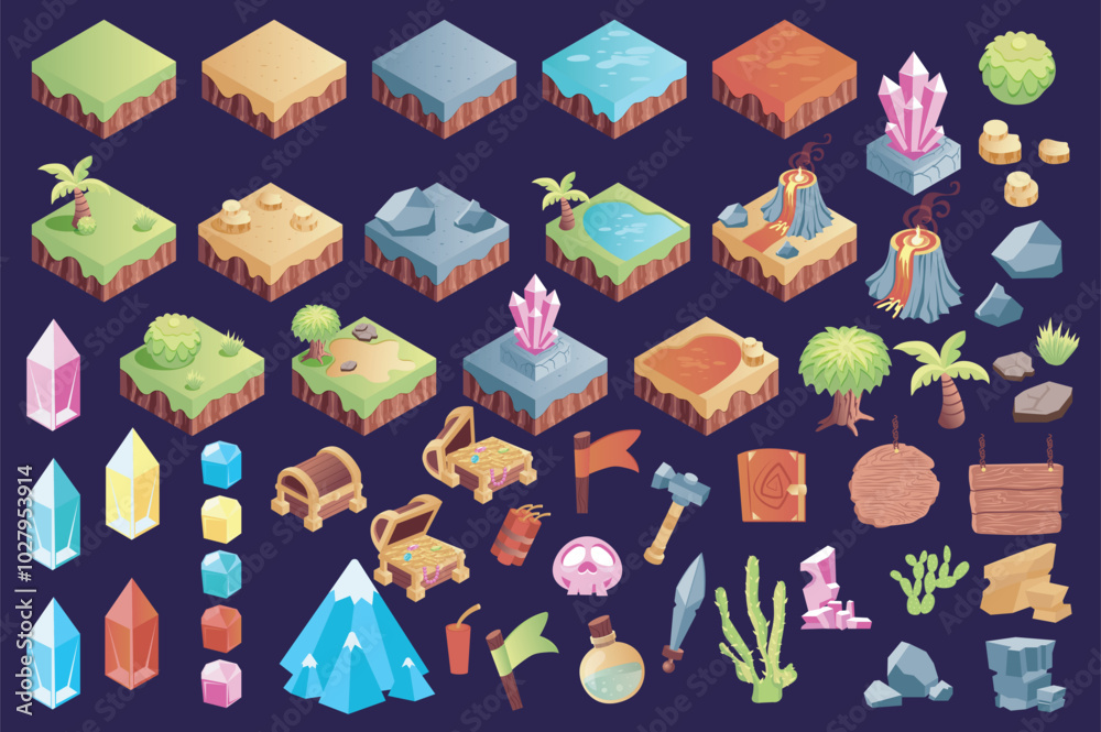 Poster isometric game landscape mega set elements in flat graphic design. collection objects of building as
