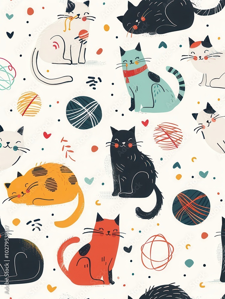 Poster cats are engaging with vibrant toys, balls, and yarn, happily exploring their playful surroundings f