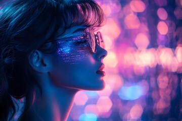 Fashionable model in a neon-lit profile shot with vibrant makeup and trendy glasses