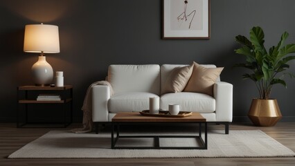 minimalist living room with white sofa, wooden coffee table, cube with accessories