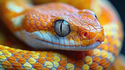Fototapeta premium A detailed image of a snake's head with orange-white stripes on its body against a black backdrop