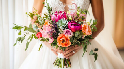 Create an elegant bridal bouquet featuring a stunning arrangement of the most unique and colorful flowers. 