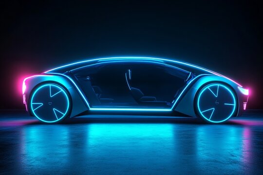 Self-driving electric car concept with neon lighting