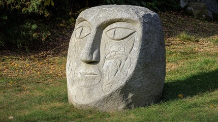 This image features a large stone sculpture resembling a human face, set against a grassy background with light foliage, depicting calmness and artful creativity.