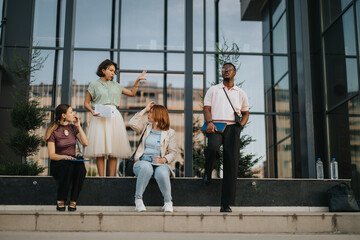 A diverse group of young business people engage in an informal meeting outdoors, sharing ideas and discussions on steps near a modern building.