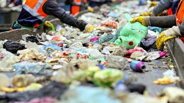 This video shows workers sorting household waste on a conveyor belt, separating recyclables from non-recyclables. The facility processes organic waste into compost and produces organic fertilizer.
