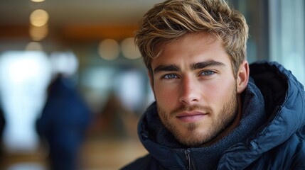 Young man with stylish tousled hair and blue eyes poses indoors in winter attire with a soft blurred background in a cozy setting