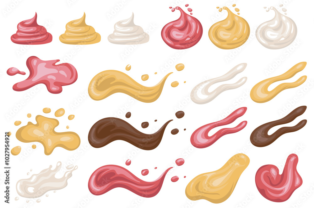 Poster sauces splash mega set elements in flat graphic design. collection objects of ketchup, mustard and m