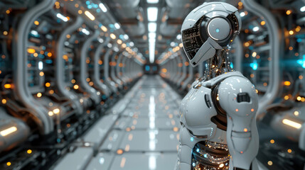 Fototapeta premium A Futuristic Robot in a High-Tech Corridor, generative ai