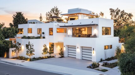 Fototapeta premium Elegant modern home at dusk featuring white walls, a spacious garage, rooftop terrace, warmly lit, with a driveway and corner garden
