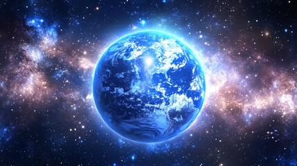 Fototapeta premium A stunning glowing blue planet floating in space, set against a vibrant and bright cosmic backdrop.